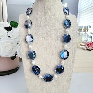 Gorgeous genuine pearl faceted crystal sterling silver necklace